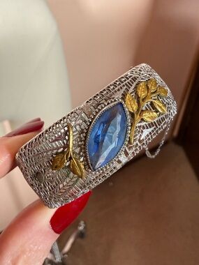 Antique 1920’s Art deco Silver Filagree Pale blue Marquee Glass Wide Bracelet